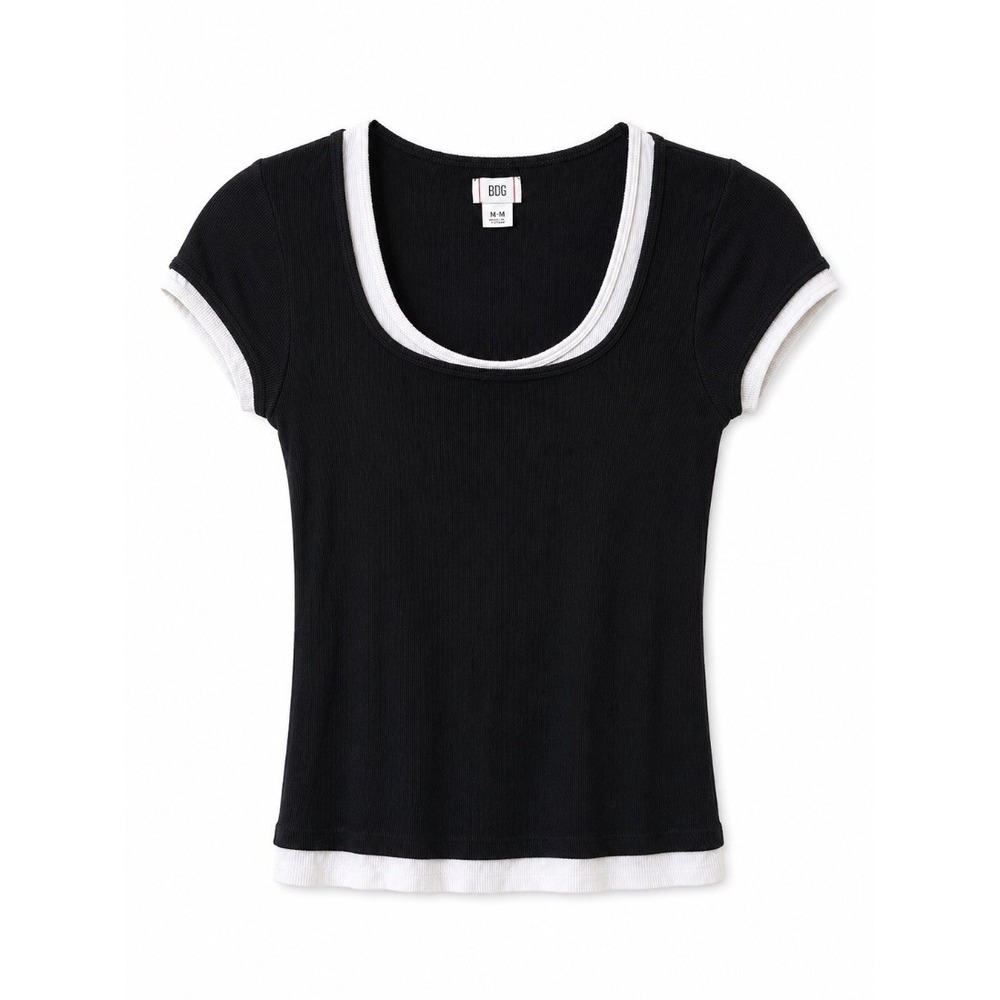 BDG Urban Outfitters Womens Black White Trim Ribbed Baby Tee Top Size M